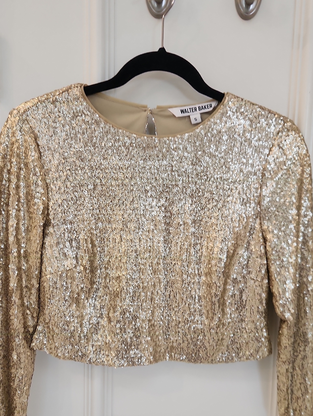 Walter Baker Gold Sequin Long-Sleeve Cropped Top